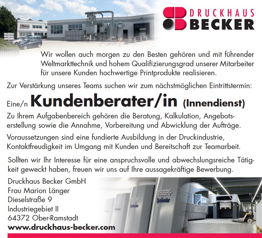 Druckhaus-Becker Stellenanzeige Kundenberater in