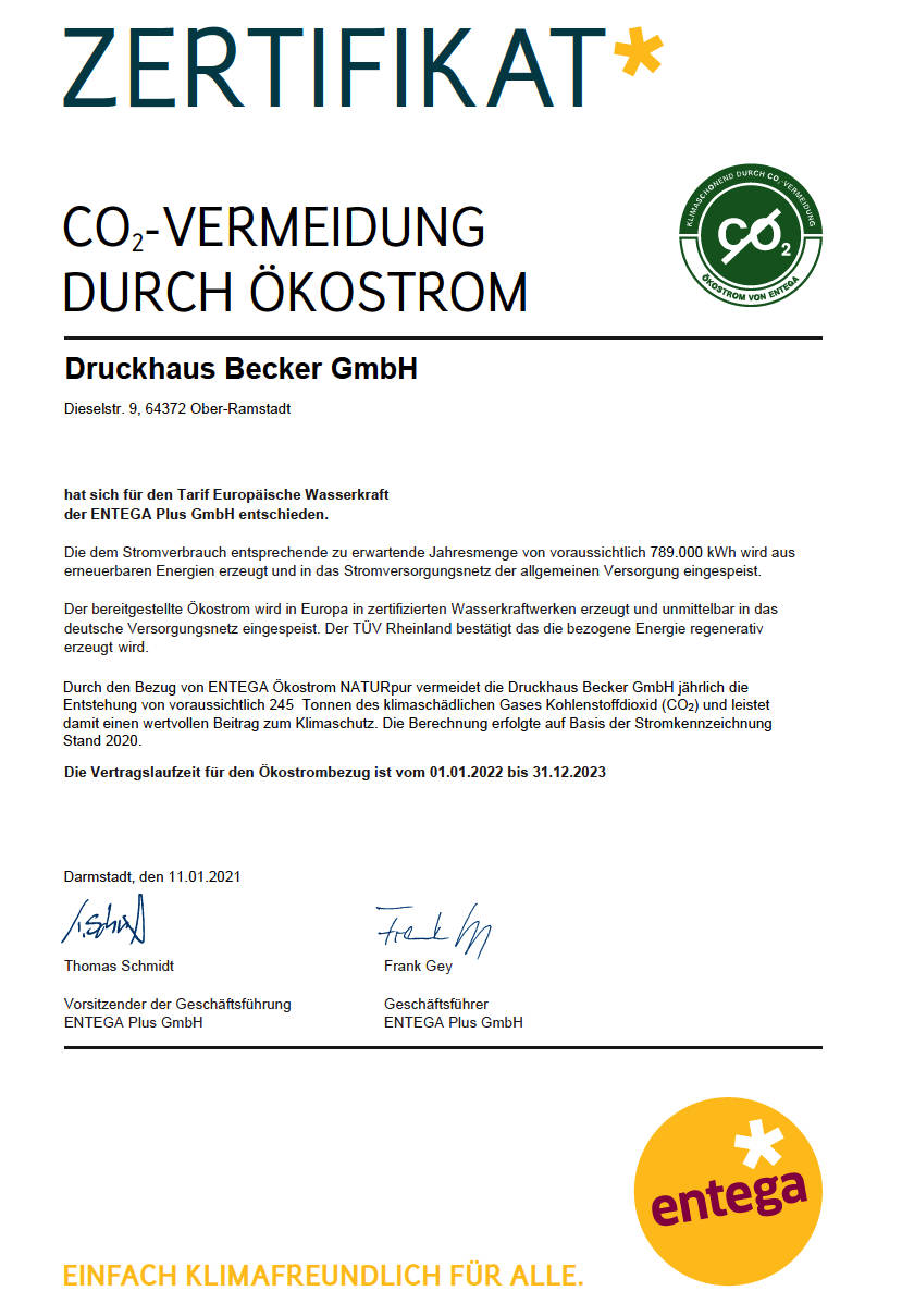 Zertifikate SF Euroaische Wasserkraft Druckhaus Becker