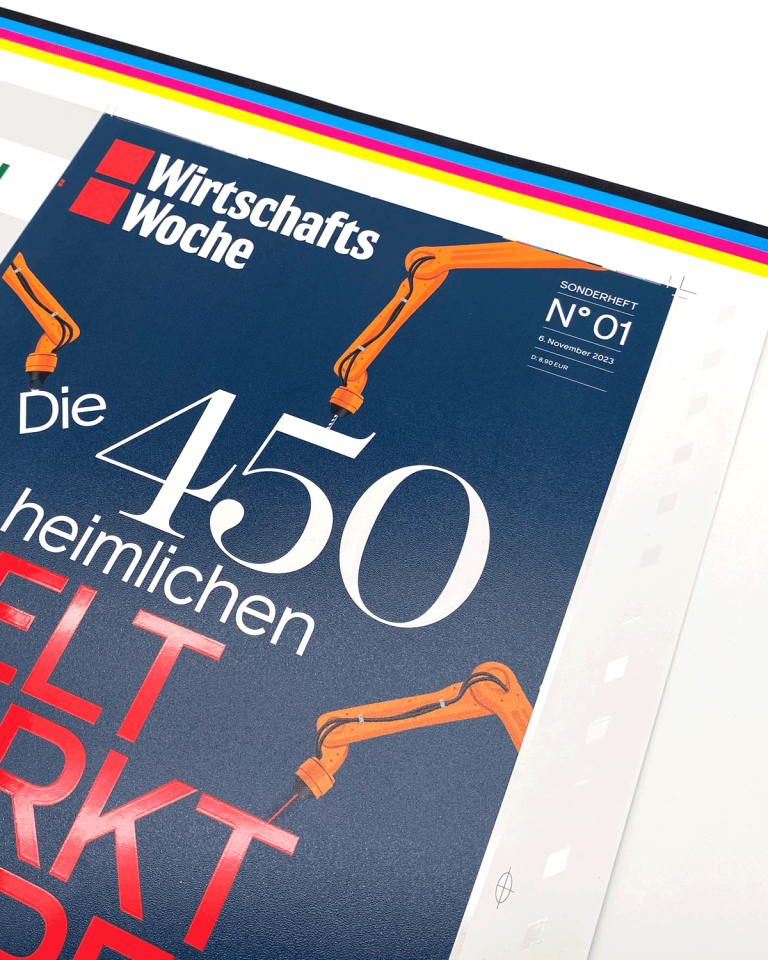 Druckbogen Titelseite Wirtschafts Woche mit Hybridlack veredelt