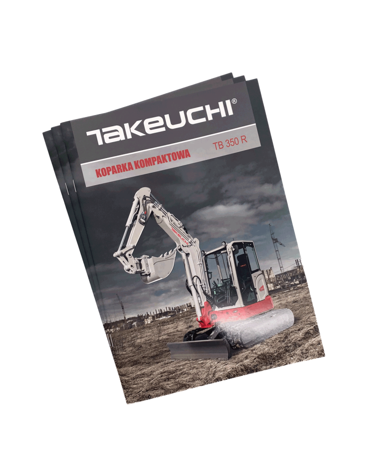 Takeuchi Prospekt mit Mattcellophanierung und UV-Lack veredelt. Intensiver Kontrast